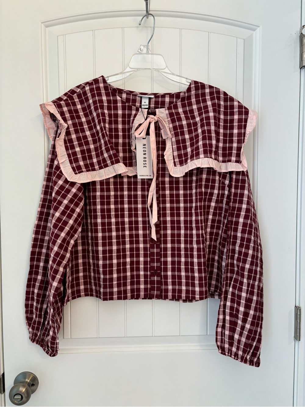 Neon Rose Maroon and Blush Plaid Ruffle Collar Top women’s XL